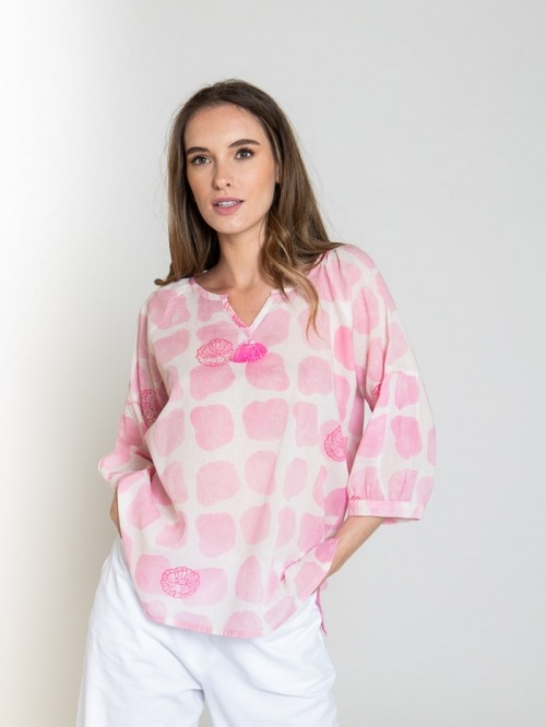 Blusa algodón estampada detalle mujer Rosa