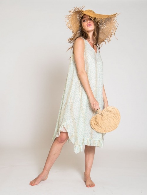 Herringbone print strap dress Aqua