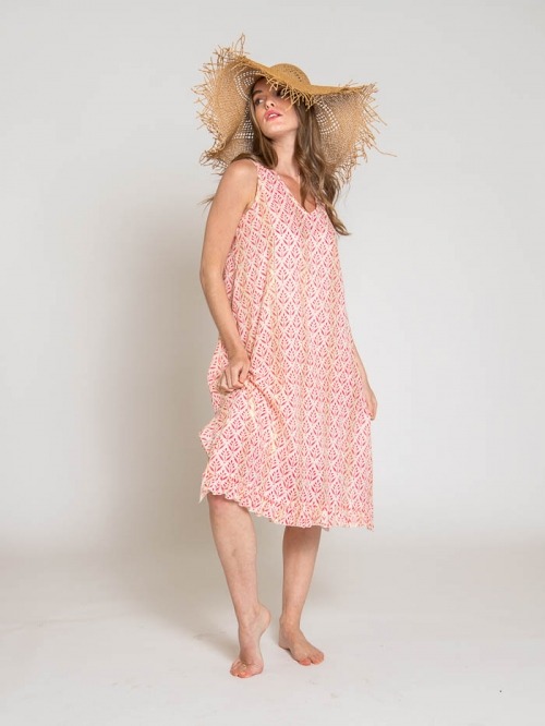 Herringbone print strap dress Coral
