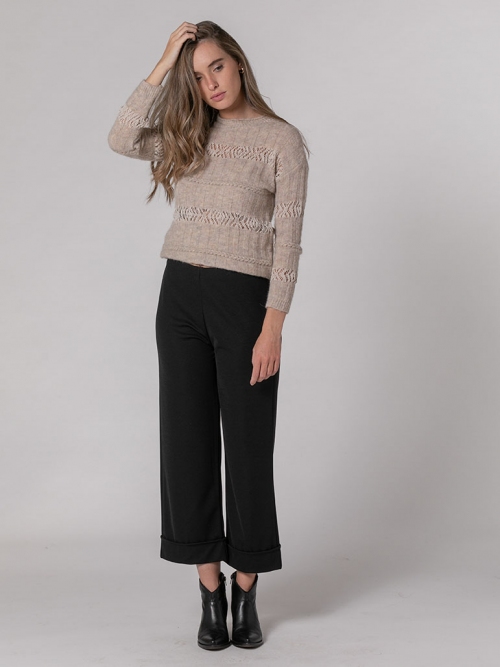 Pantalón palazzo elástico vuelta abajo Negro