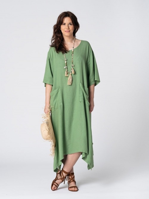 VESTIDO AMPLIO CON 2 BOLSILLOS LINO Y VISCOSA VERDE