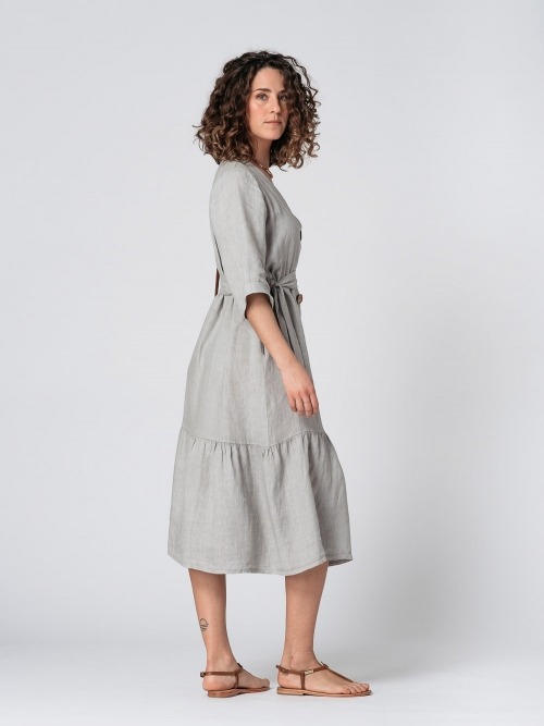 VESTIDO LINO LARGO CRUZADO DOBLE CON BOTON MANGA AL CODO GRIS
