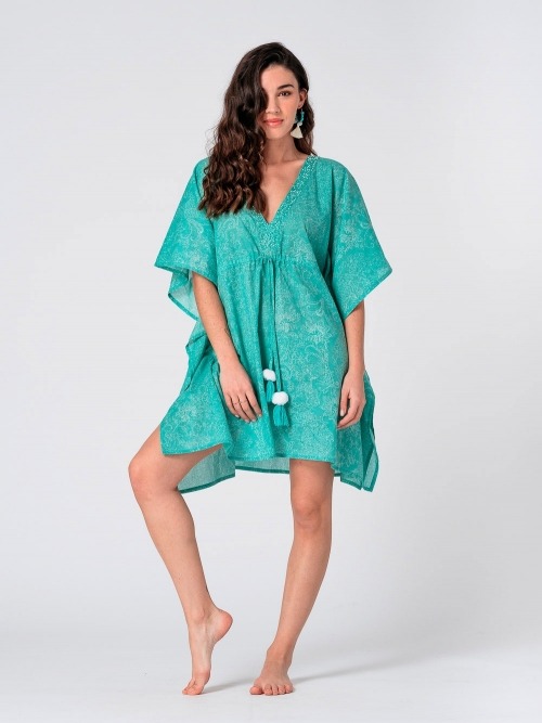 KAFTAN ESTAMPADO FINO BICOLOR P6 PEDRERIA VERDE
