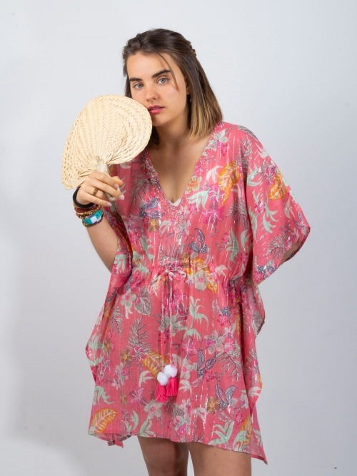 KAFTAN ESTAMPADO ALGODON FINO ROSA