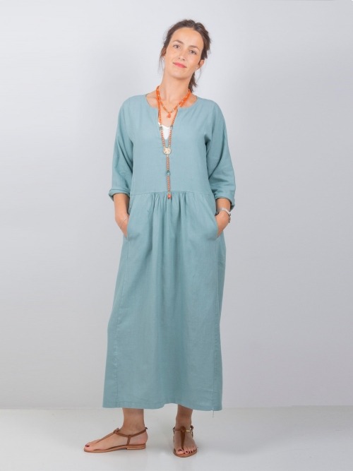 VESTIDO LINO LARGO MASS VERDE