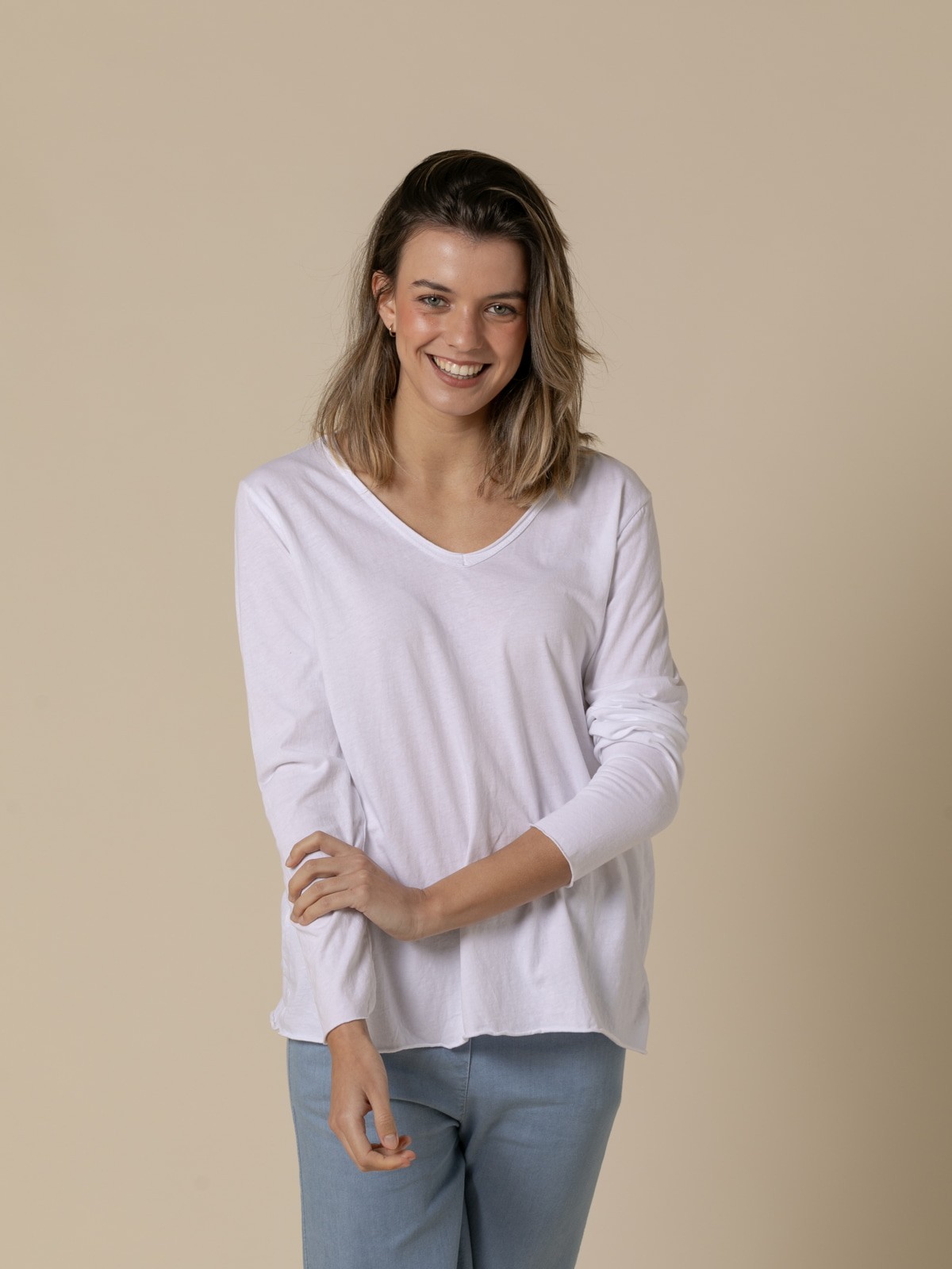 V-neck long sleeve t-shirt  White colour