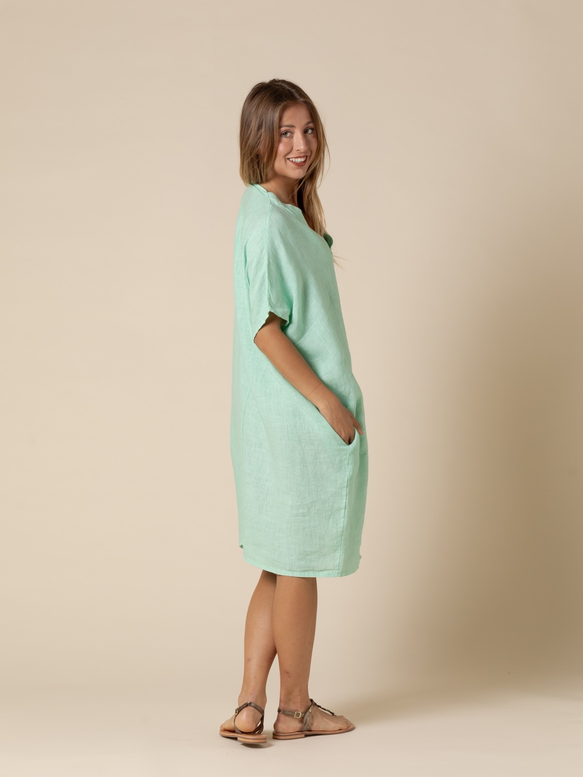 Vestido comfy lino 100% bolsillos color mint