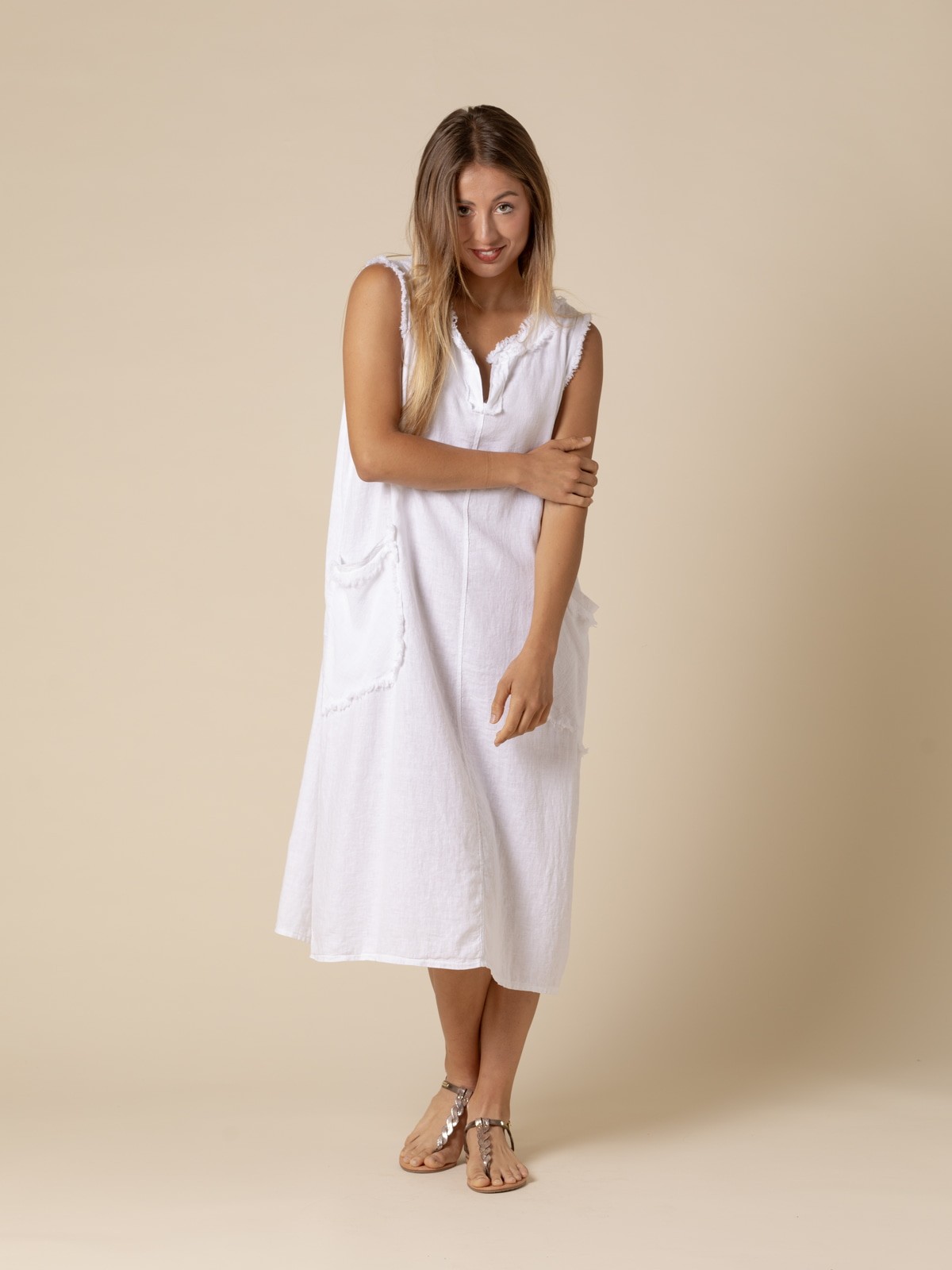 Vestido de lino detalle color Blanco