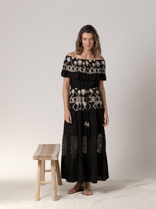 Woman Embroidered cotton dress with bardot neckline  Blackcolour