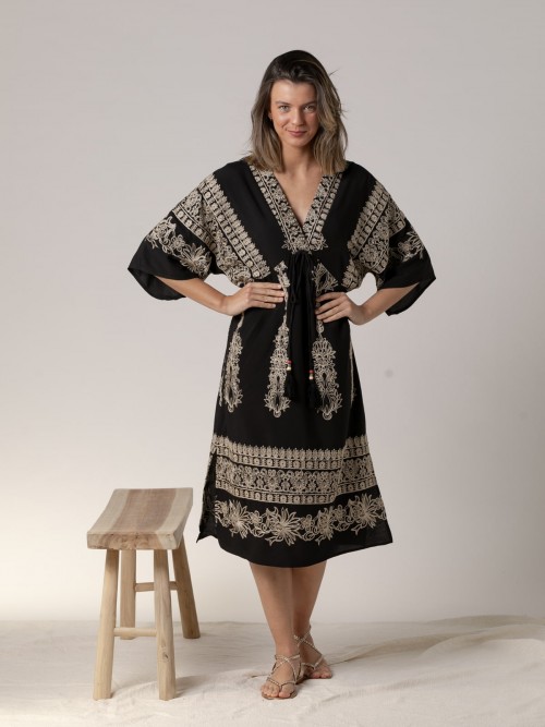 Woman elbow-length sleeve embroidered cotton dress  Blackcolour