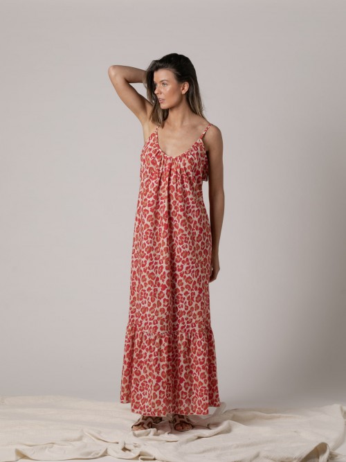 Woman Long animal print dress 100% cotton  Redcolour