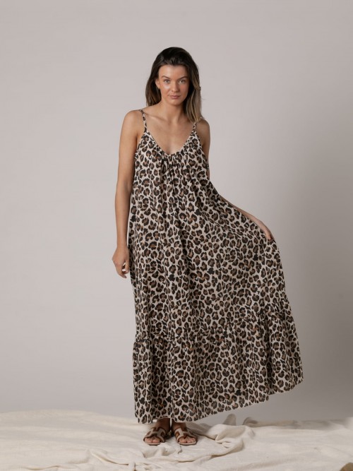 Woman Long animal print dress 100% cotton  Blackcolour