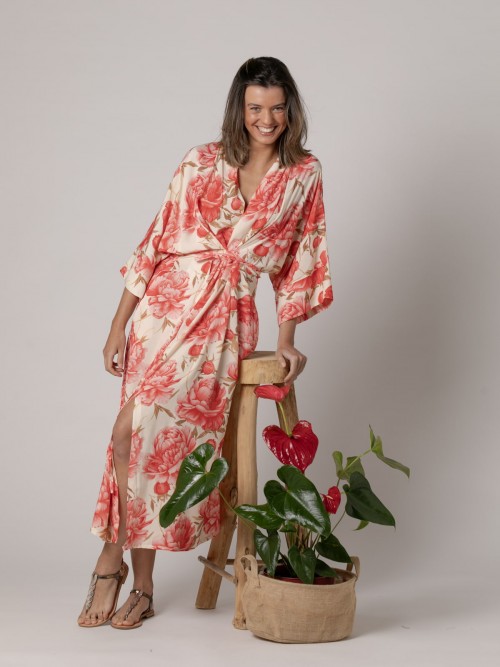 Woman Long dress with peony print  Redcolour