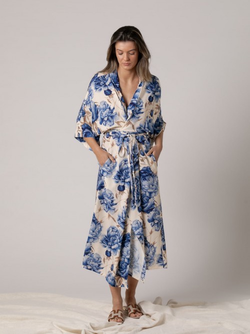 Woman Long dress with peony print  Bluecolour