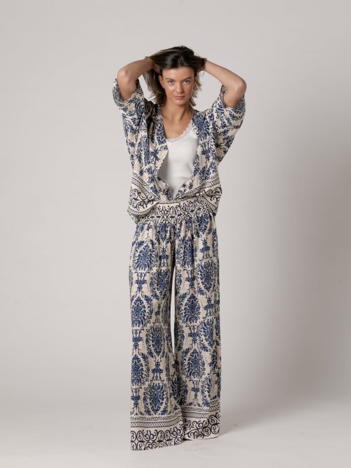 Woman Baroque pattern fluid trousers  Bluecolour