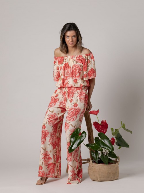 Woman Flowy pants with peony print  Redcolour