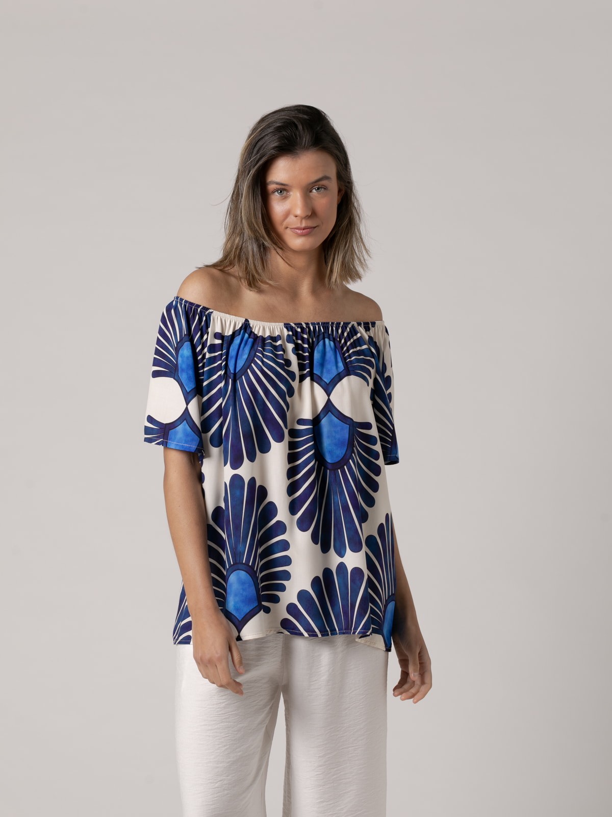 Woman Flowing monochrome bardot design blouse  Blue Navycolour