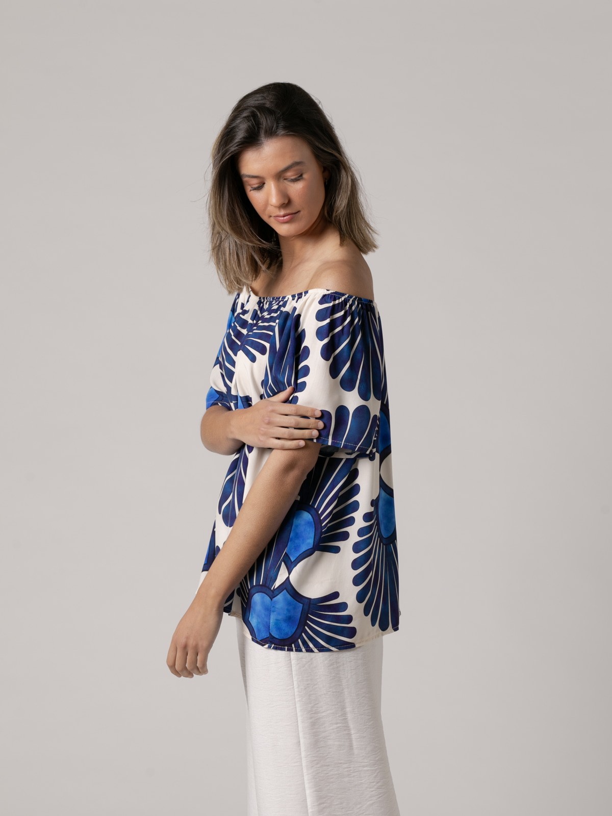 Woman Flowing monochrome bardot design blouse  Blue Navycolour