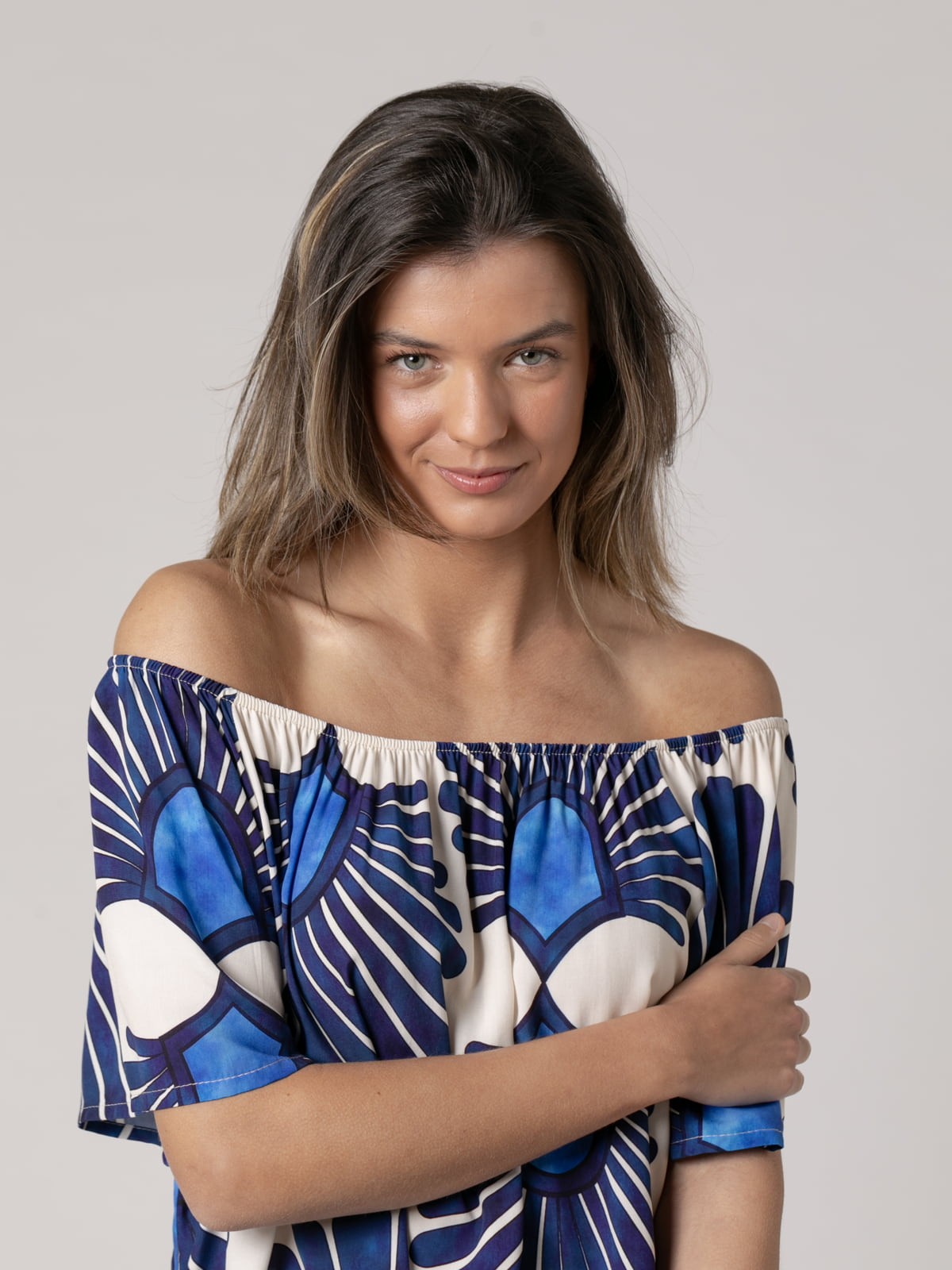 Woman Flowing monochrome bardot design blouse  Blue Navycolour