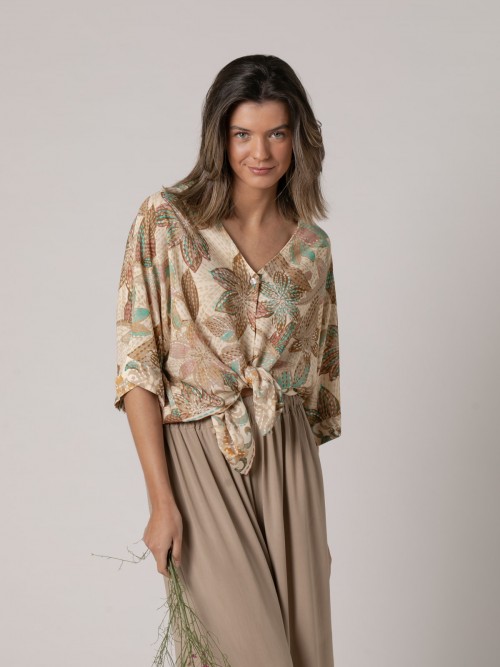 Woman Flowing blouse with flower drawing  Taupecolour