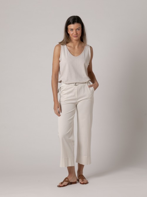 Woman 100% cotton wide leg pants with belt  Beige Clarocolour