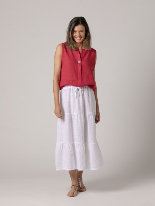 Woman 100% linen skirt with low ruffle detail  Whitecolour