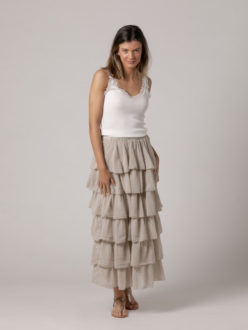 Woman Long cotton voile ruffle skirt  Beigecolour