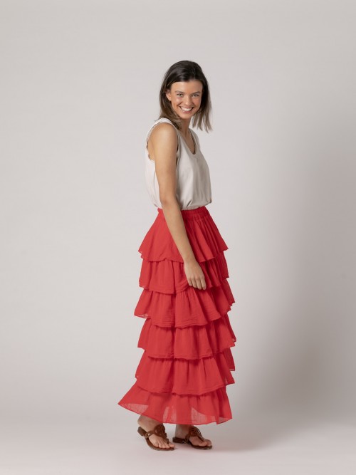 Woman Long cotton voile ruffle skirt  Redcolour