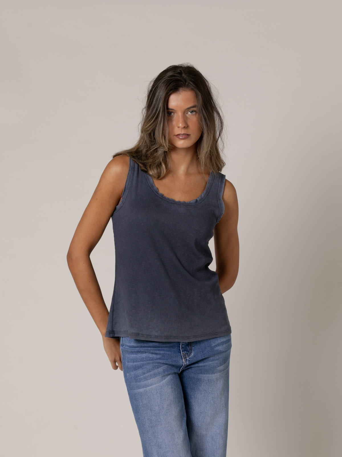 Woman Special dye ribbed wide strap t-shirt  Blue Navycolour