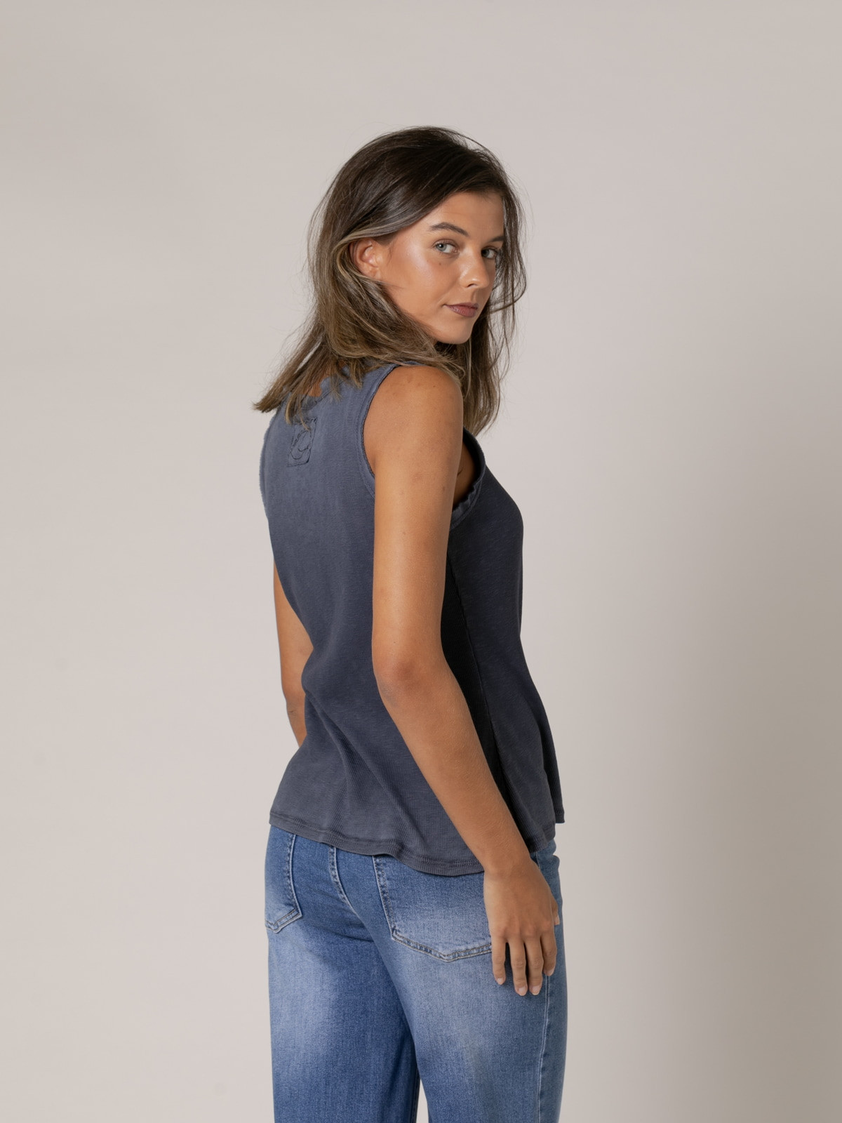 Woman Special dye ribbed wide strap t-shirt  Blue Navycolour