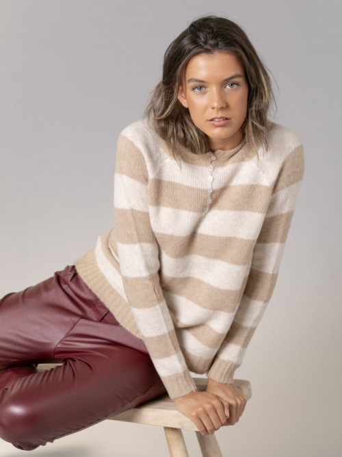 Woman British striped sweater with buttons  Camelcolour