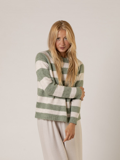 Woman British striped sweater with buttons  Greencolour