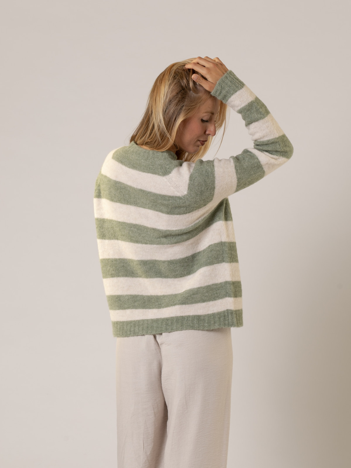 Woman British striped sweater with buttons  Greencolour