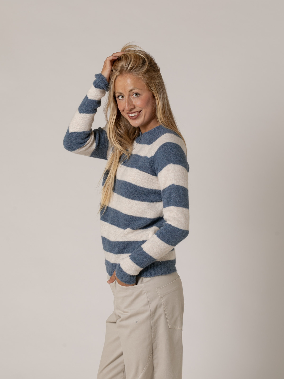 Woman British striped sweater with buttons  Bluecolour