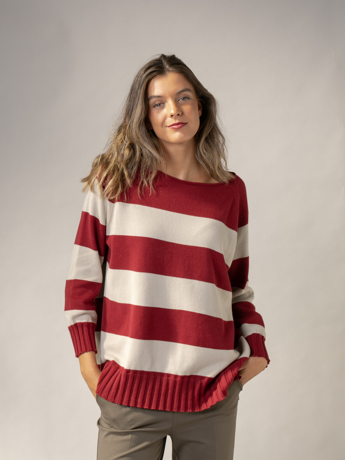 Woman July sweater with 100% cotton stripes  Bordeauxcolour