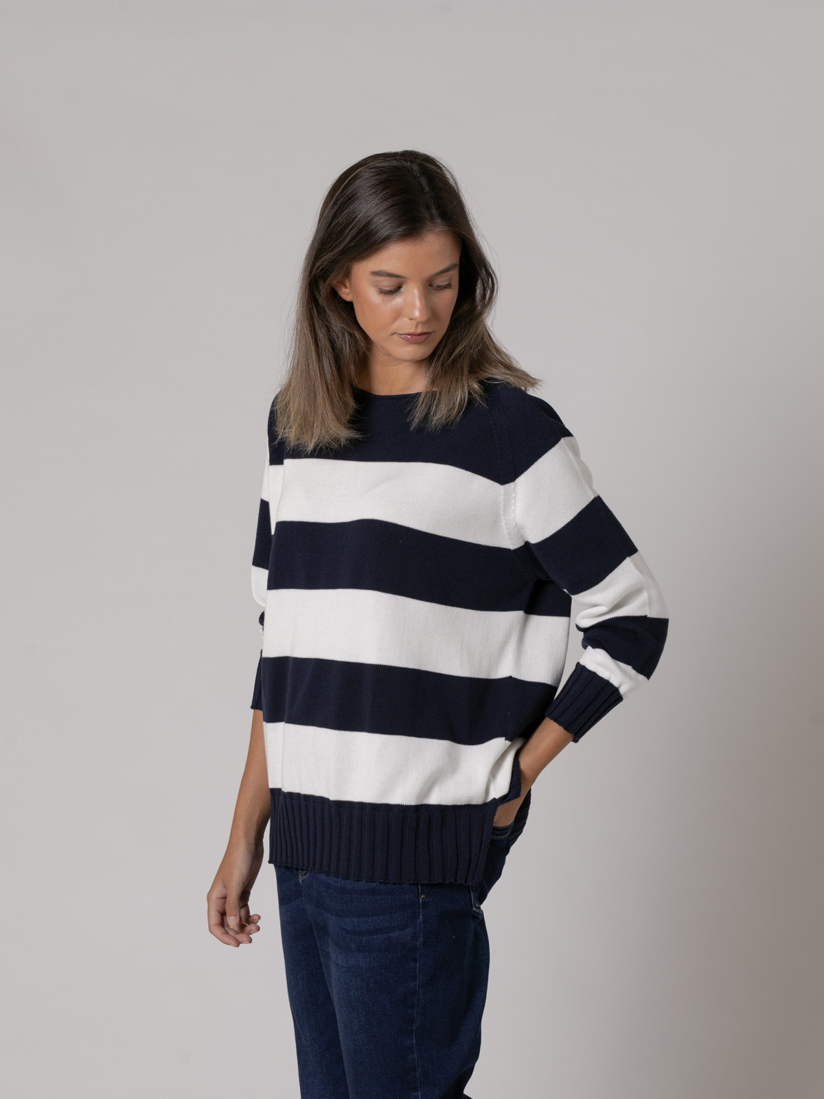 Woman July sweater with 100% cotton stripes  Blue Navycolour