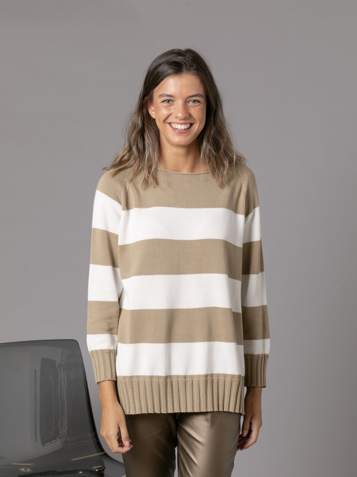 Woman July sweater with 100% cotton stripes  Beigecolour