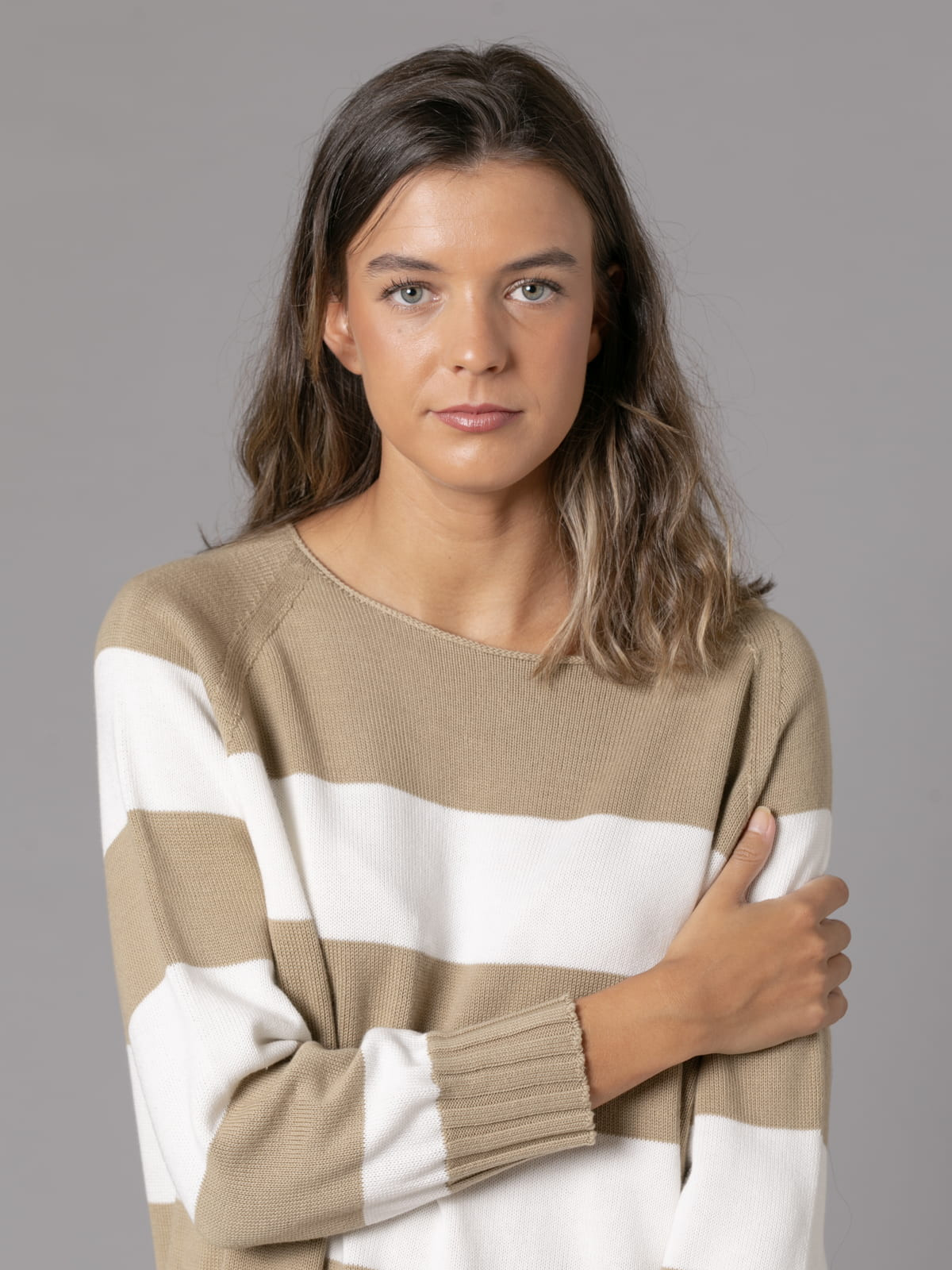 Woman July sweater with 100% cotton stripes  Beigecolour