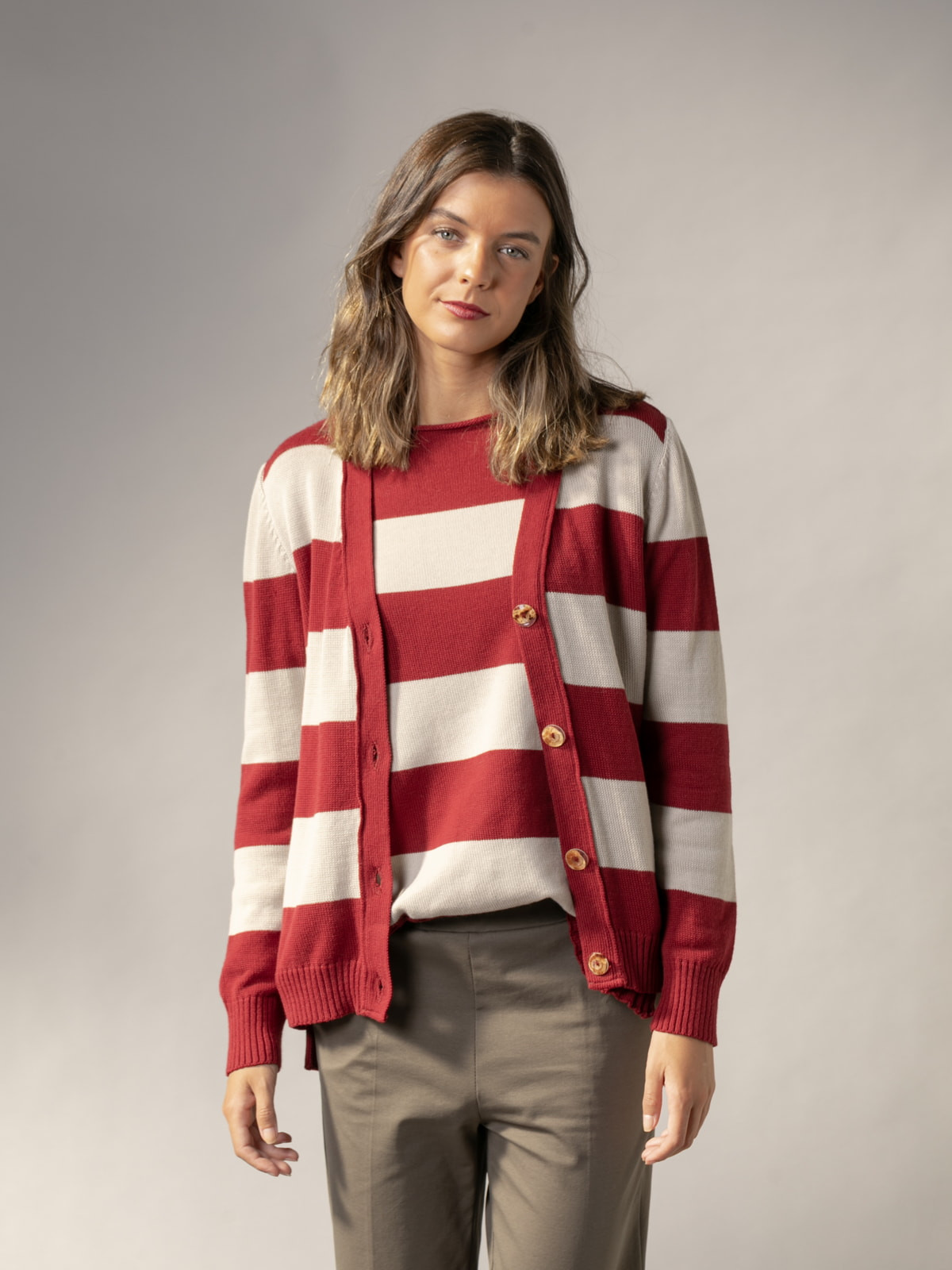 Woman Criss-striped 100% cotton jacket  Bordeauxcolour