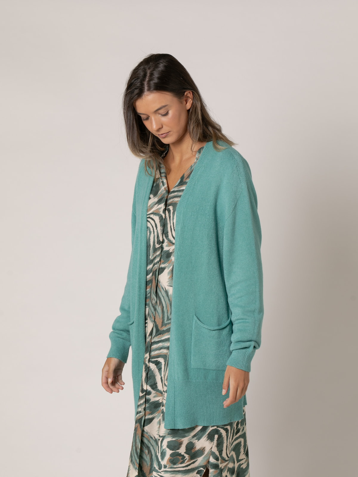 Woman Long cardigan with soft knit pockets  Turquoisecolour