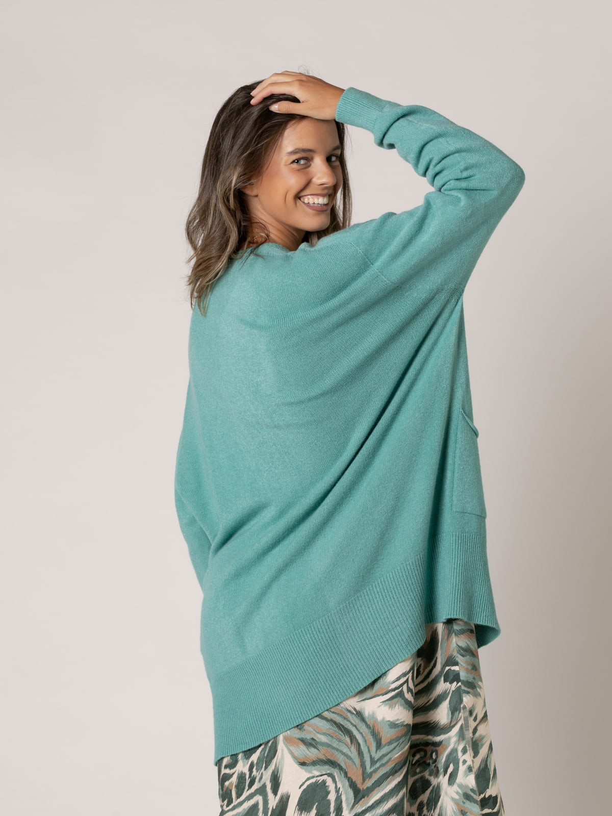 Woman Long cardigan with soft knit pockets  Turquoisecolour