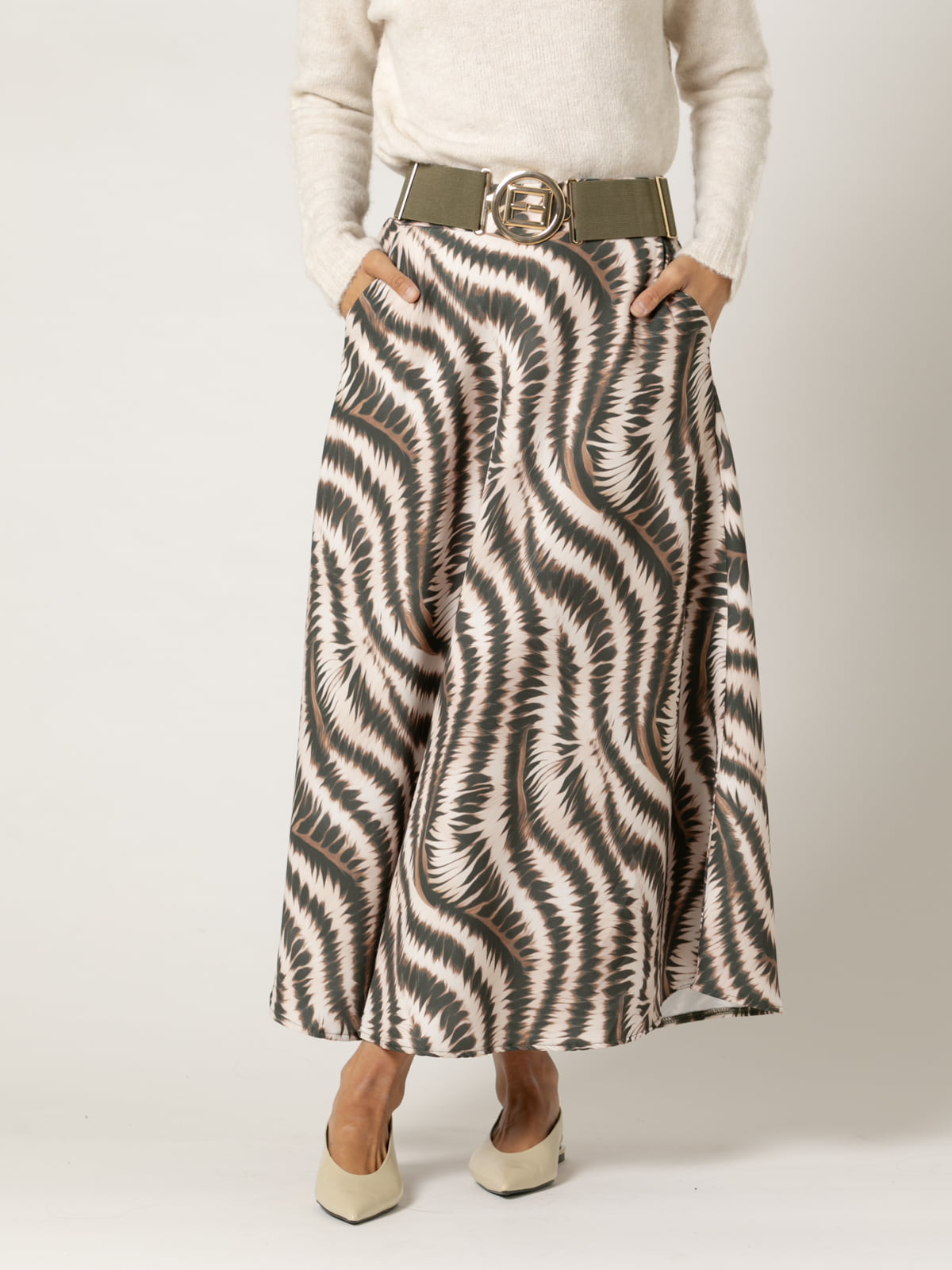 Woman Long skirt with pockets and wave print  Khakicolour