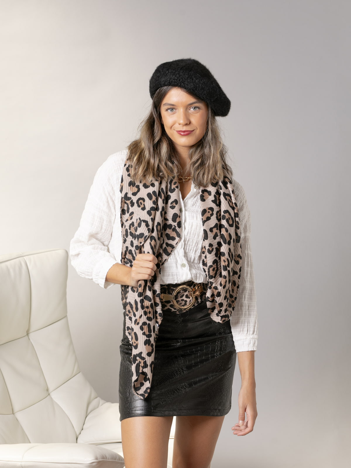 Woman Animal print pleated scarf  Camelcolour