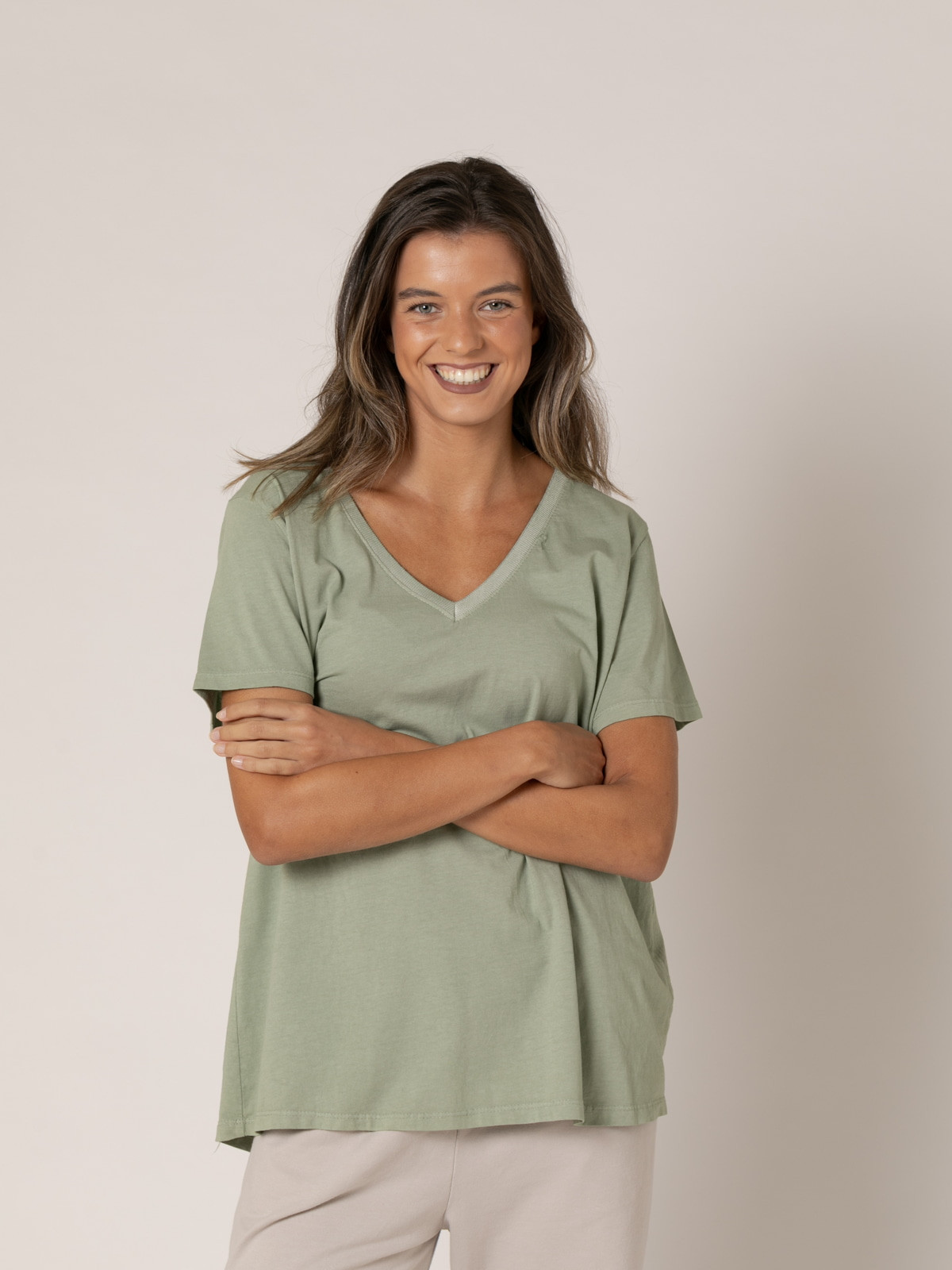 Woman 100% cotton V-neck t-shirt  Khakicolour