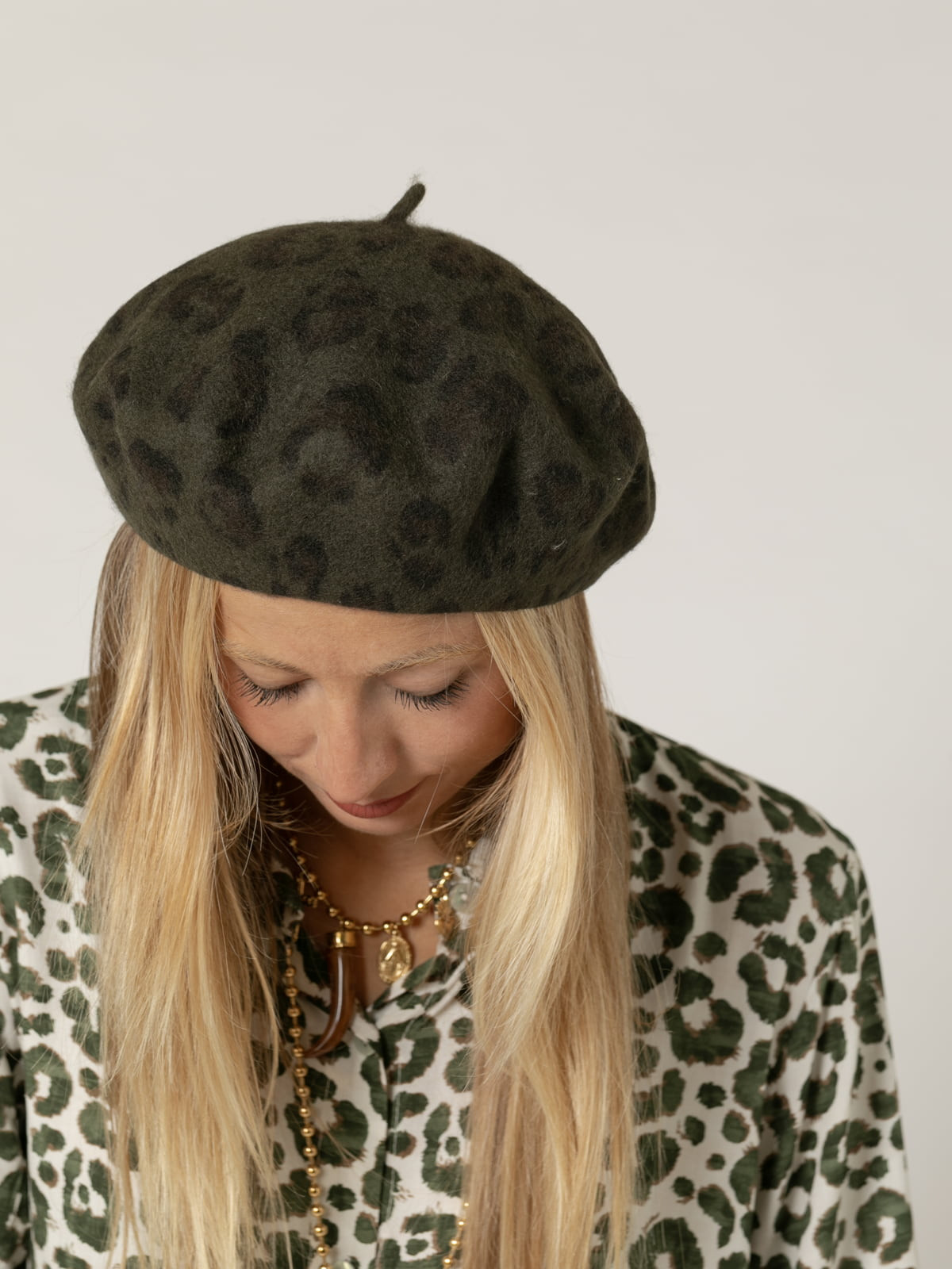 Woman Animal print wool cap  Khakicolour