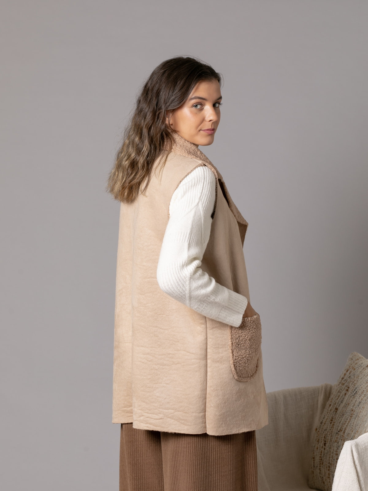 Loop-lined eco-leather vest  Beige colour