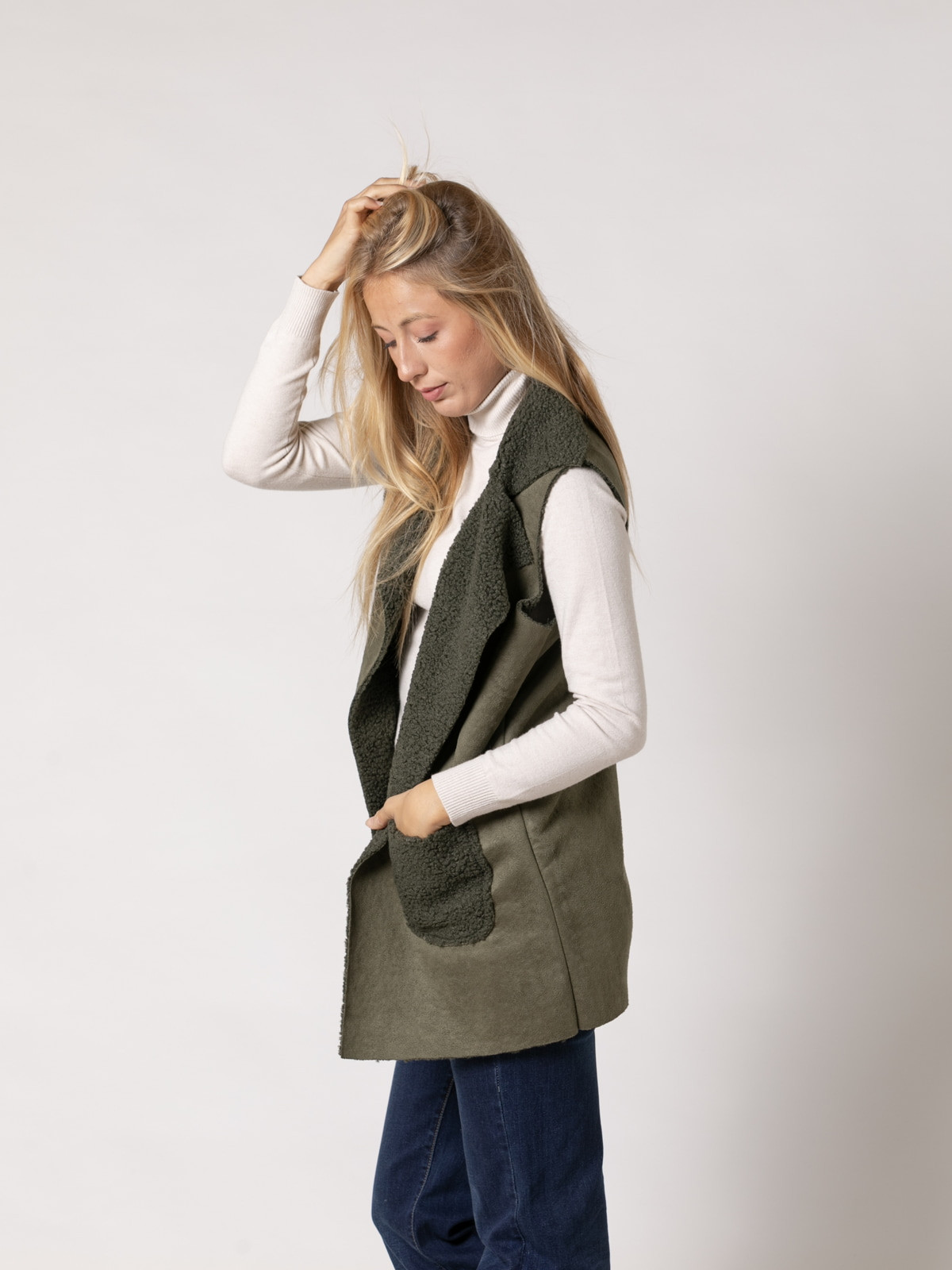 Loop-lined eco-leather vest  Khaki colour