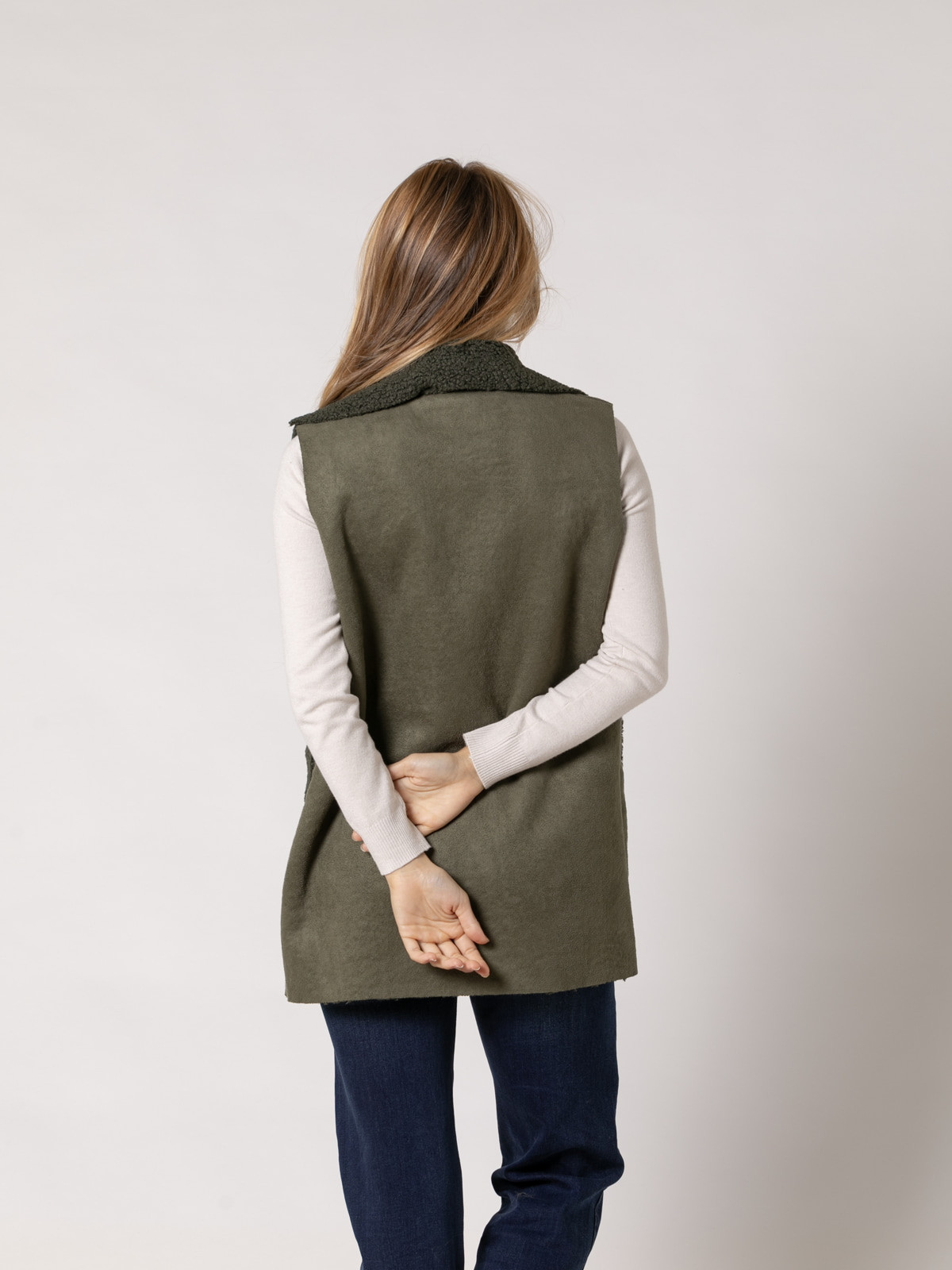 Loop-lined eco-leather vest  Khaki colour