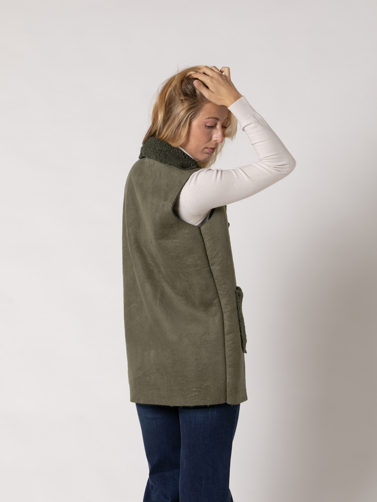 Loop-lined eco-leather vest  Khaki colour