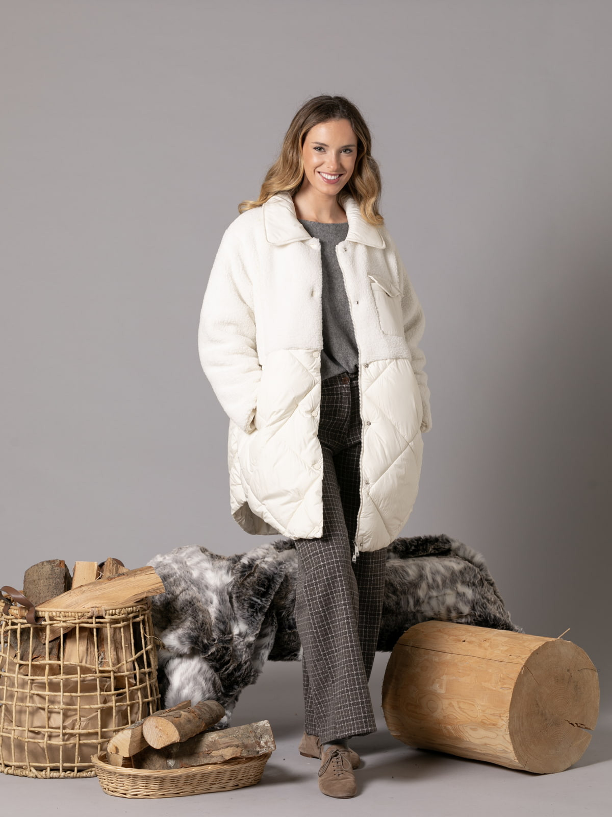 Padded hem teddy coat with pocket detail  Crudecolour